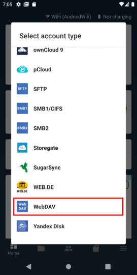 Select WebDAV for the account type Select WebDAV for the account type